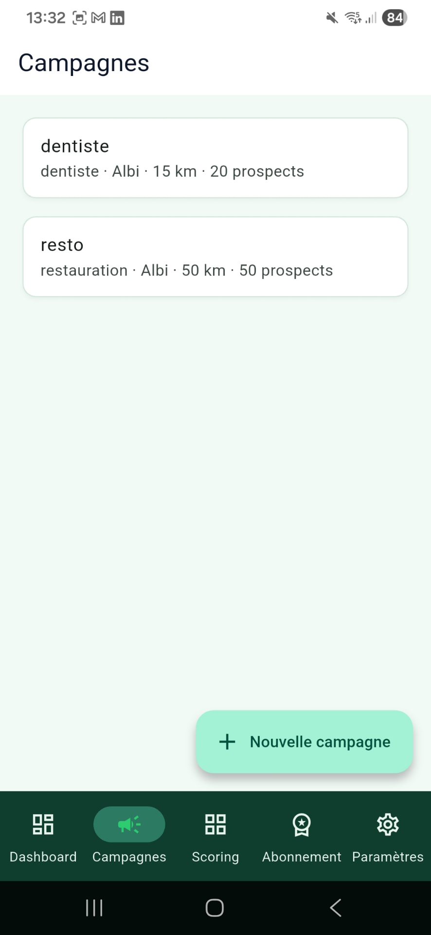 Liste des campagnes LocalHunter